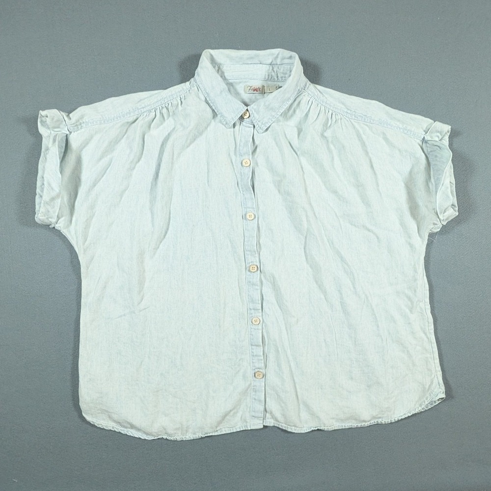 Faherty Button Up Shirt Womens L Light Wash Short Sleeve Cuffed Casual Top